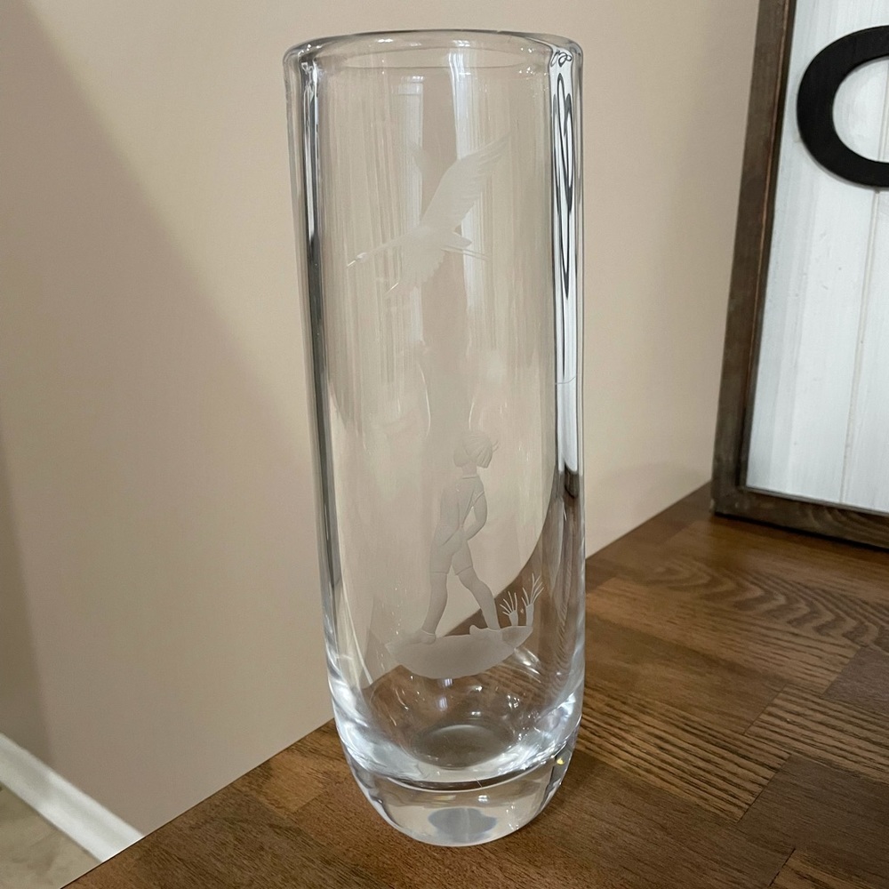 Orrefors Boy Watching Geese Etched Crystal Vase 9 1/2" Tall Signed